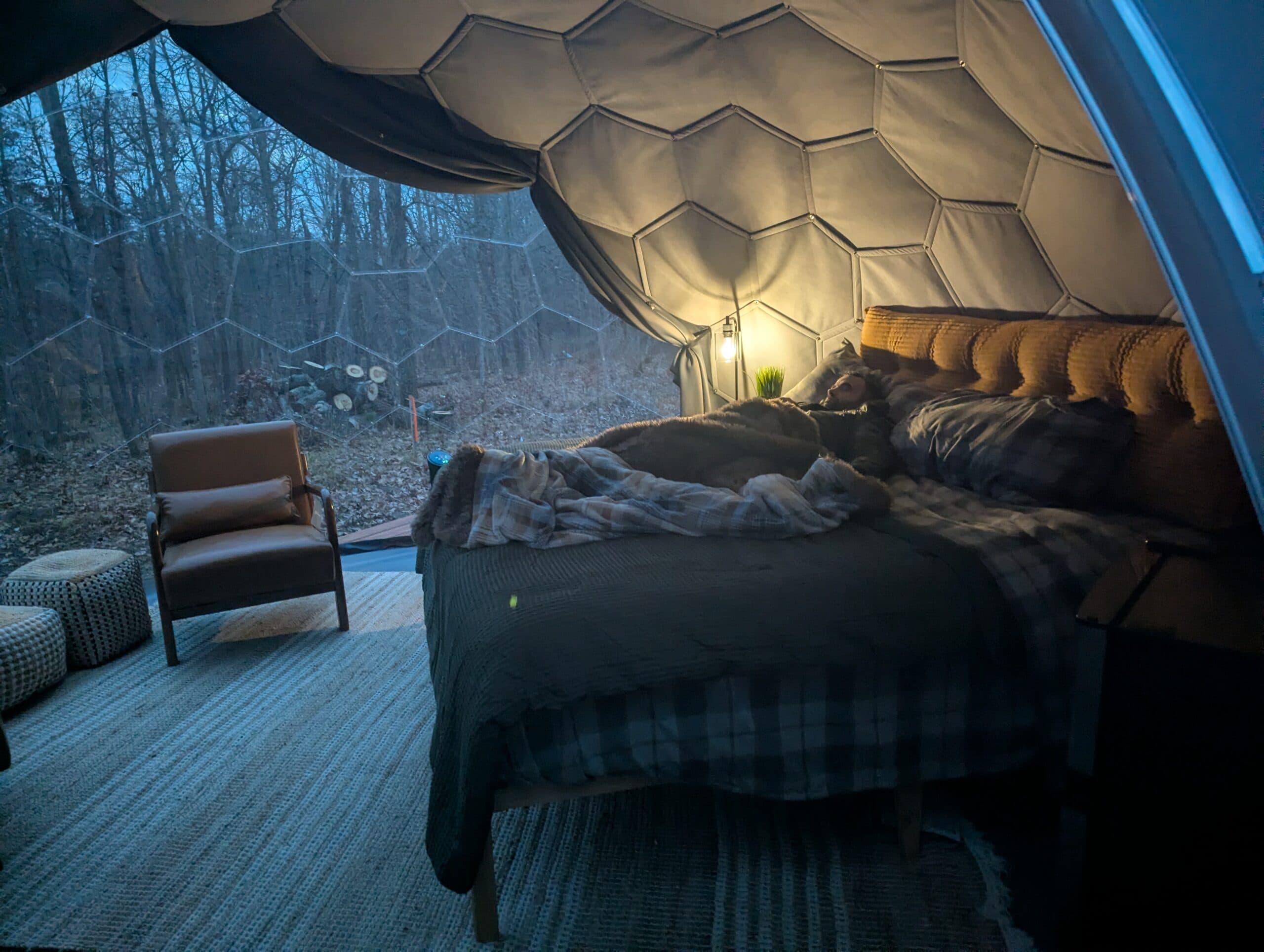 Interior of a Hypedome glamping dome at Cuyuna Crossing