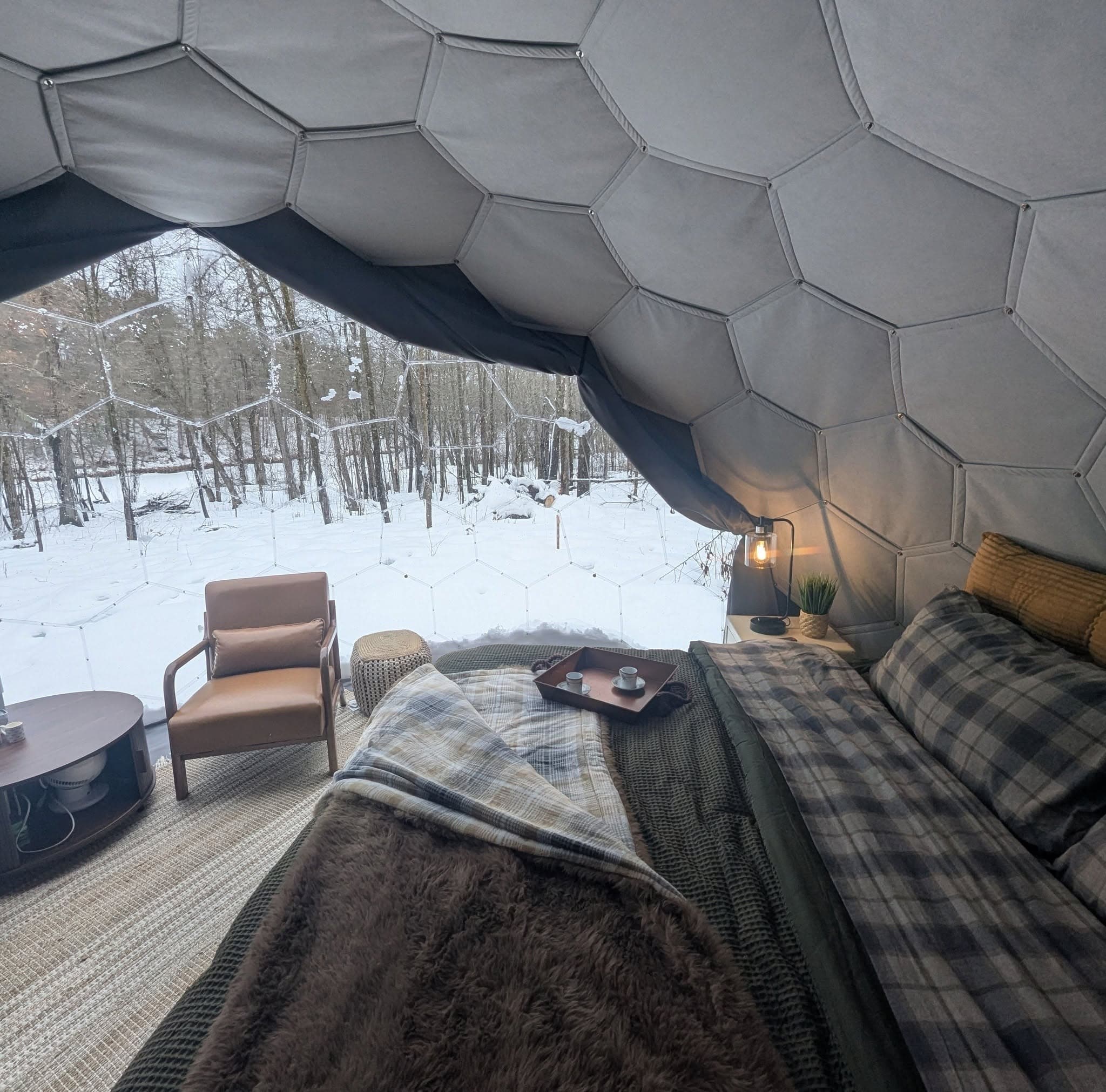 Interior of a geodesic glamping dome with bed and panoramic forest view